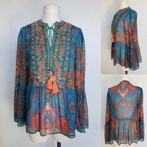 SOFT SURROUNDINGS embroidered floral pleat tassel blouse 2X